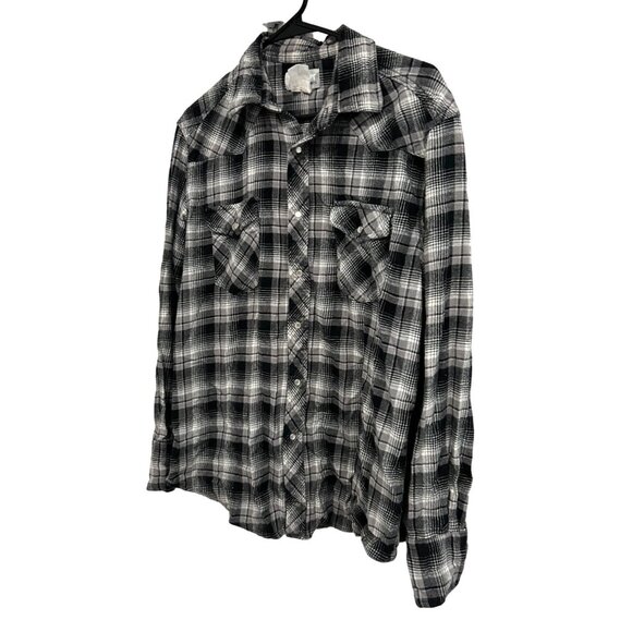 Wrangler Plaid Flannel Shirt Black White Long Sleeve Pearl Snap Buttons Sz L - Picture 3 of 7